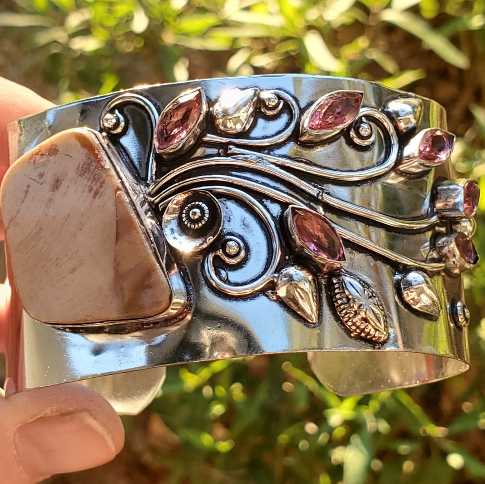 New Mookaite Jasper and Rubellite 925 Silver Cuff Bracelet.